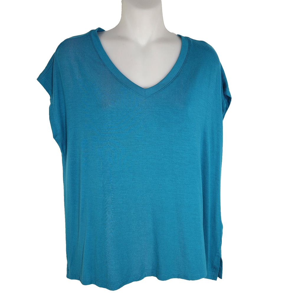 Tahari Womens Modal V Neck Tee T-Shirt Size Medium Teal Short Cap Sleeve Stretch